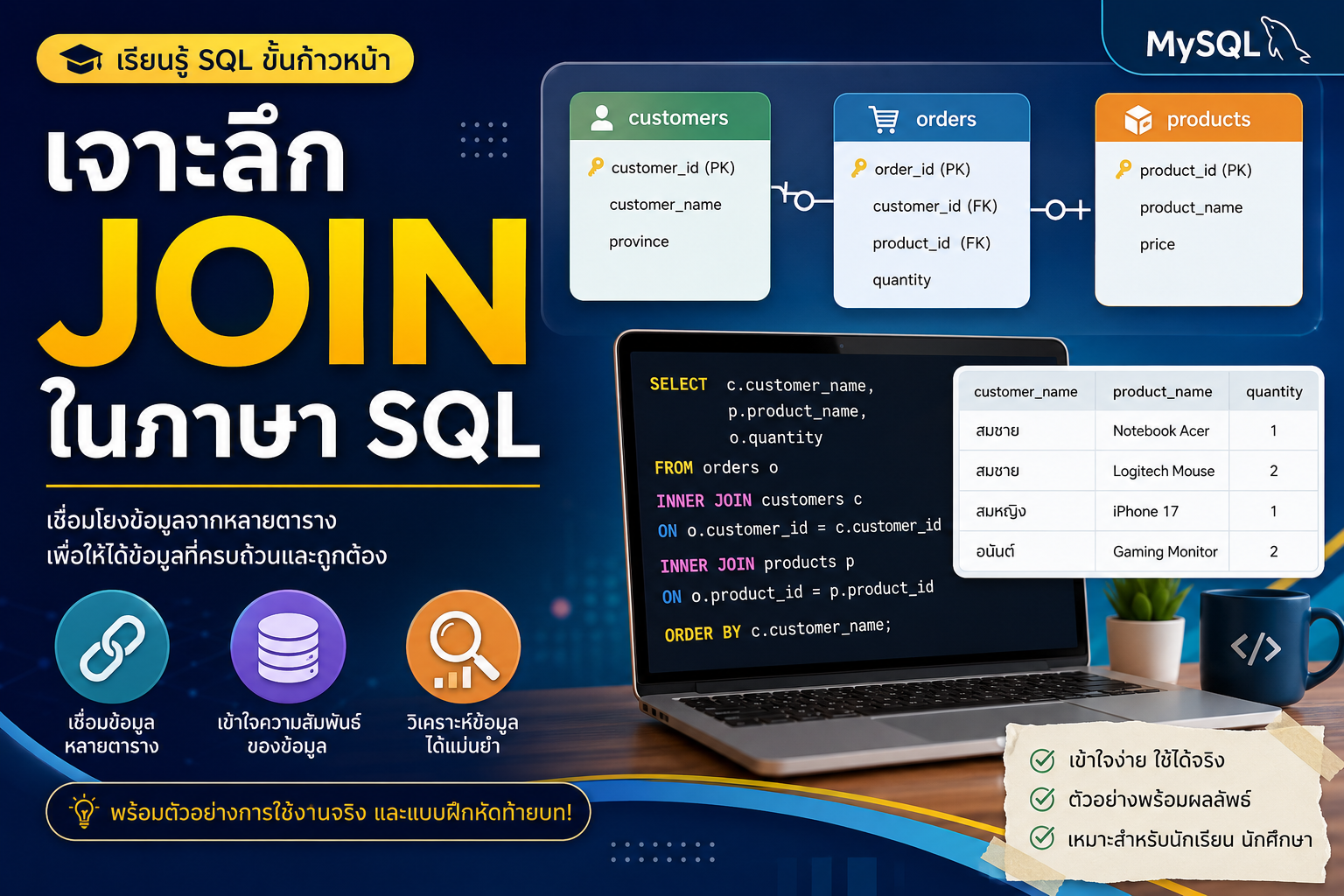 เรียนรู้การเชื่อมโยงข้อมูลด้วย JOIN ในภาษา SQL (MySQL)