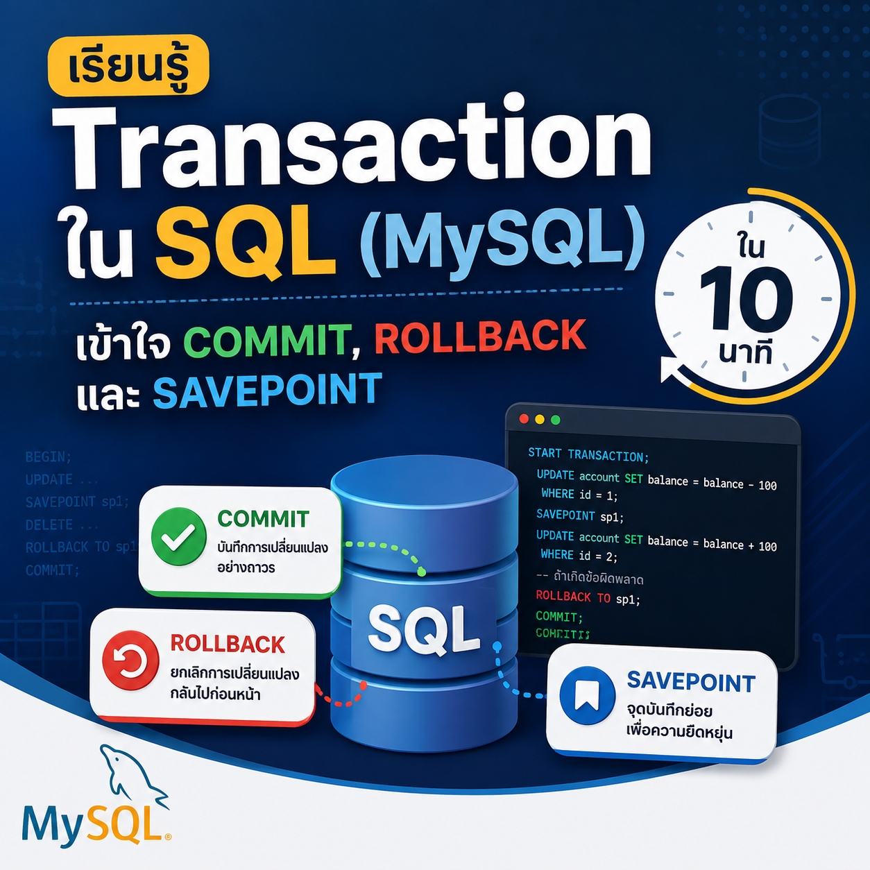 เรียนรู้ Transaction ใน SQL (MySQL) เข้าใจ COMMIT, ROLLBACK และ SAVEPOINT ใน 10 นาที